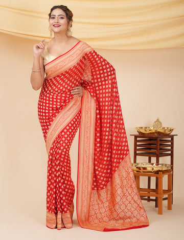 Pure Silk Red Handwoven Banarasi Saree Suitable for Wedding Wear