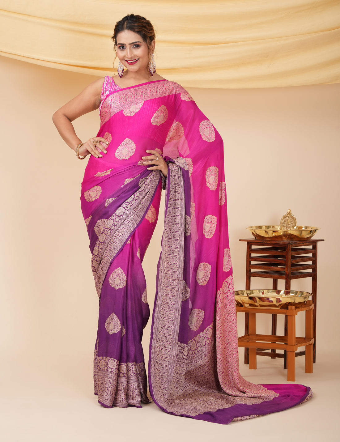Pure Silk Pink & Purple Banarasi Saree Suitable for Wedding Wear