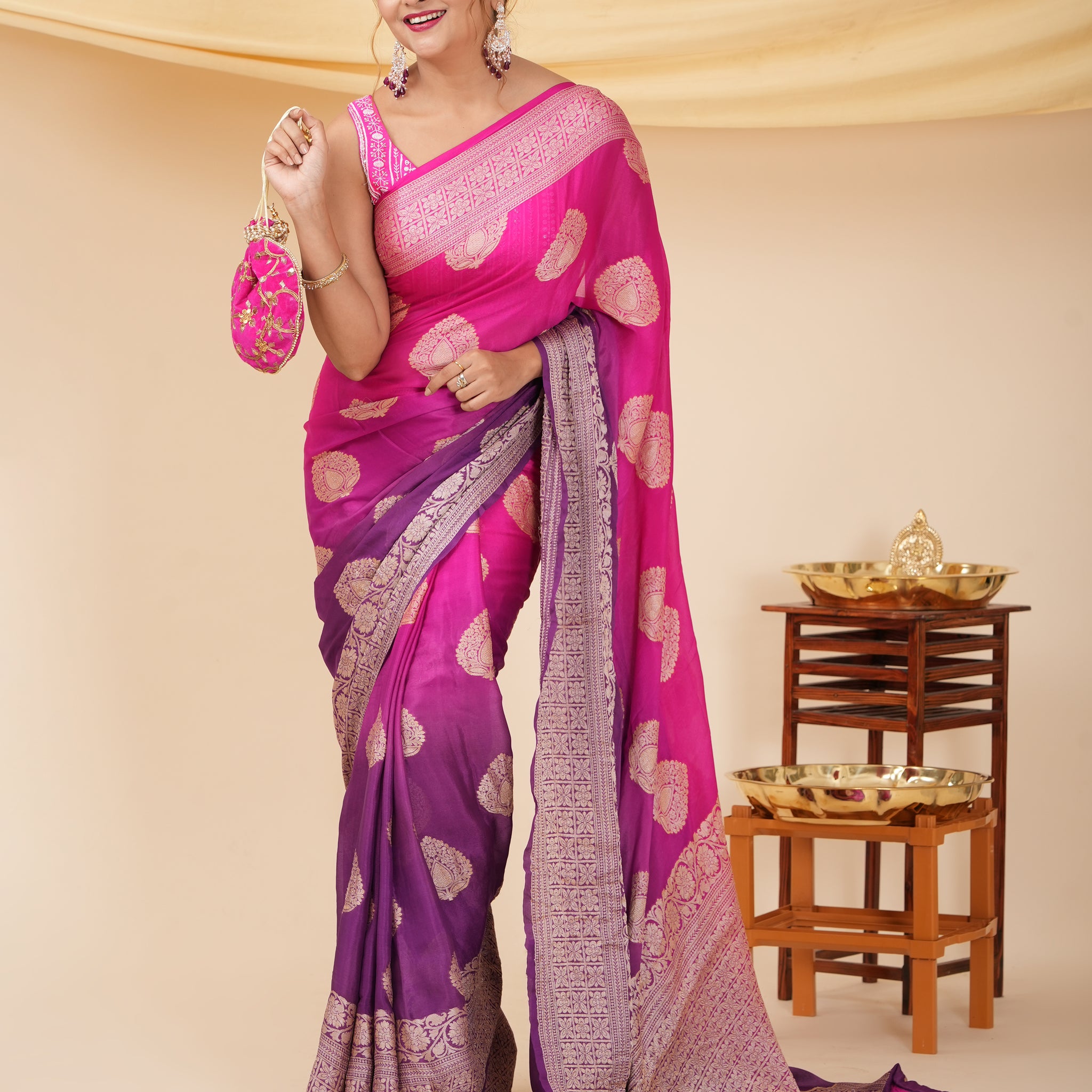 Pure Silk Pink & Purple Banarasi Saree Suitable for Wedding Wear