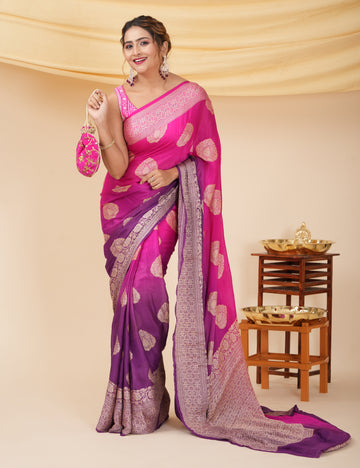 Pure Silk Pink & Purple Banarasi Saree Suitable for Wedding Wear