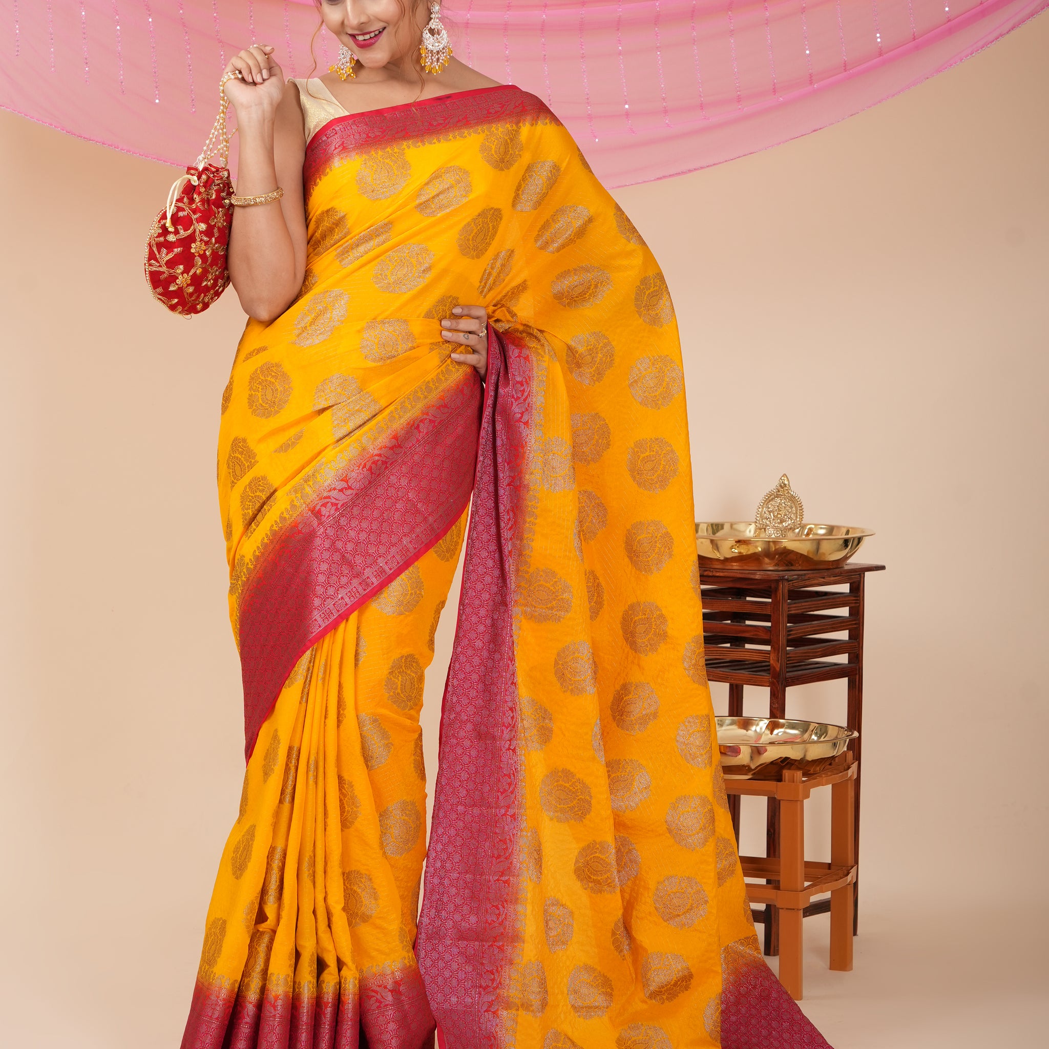 Diwali Party Wear Banarasi Saree - Yellow