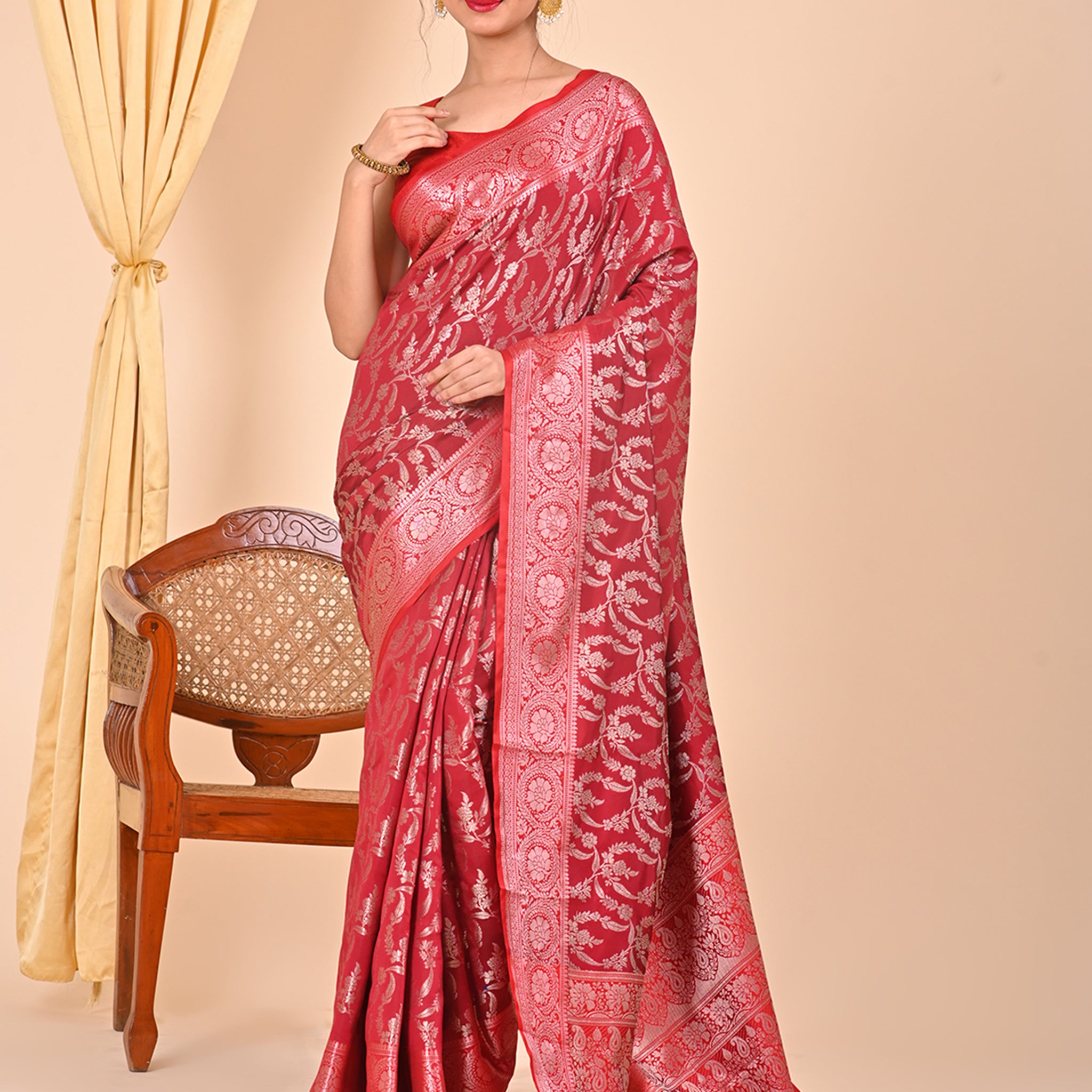 Red Office Wear Banarasi Saree