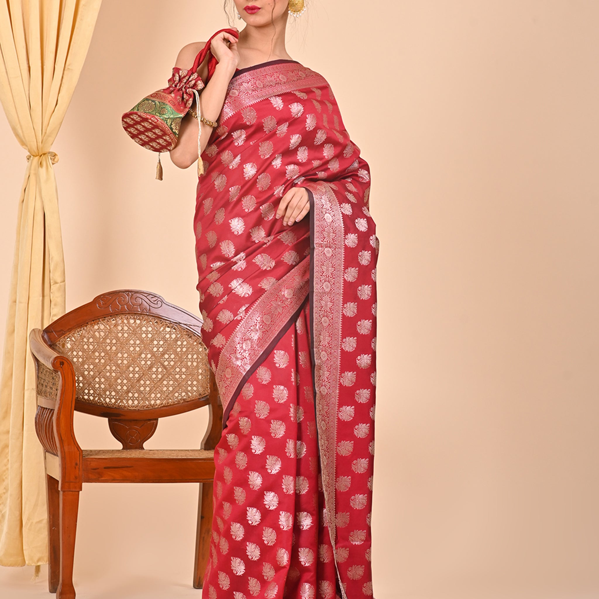 Red Floral Design Banarasi Saree Suitable for Office Wear