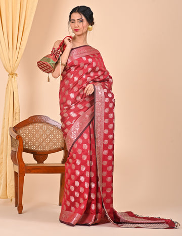 Red Floral Design Banarasi Saree Suitable for Office Wear