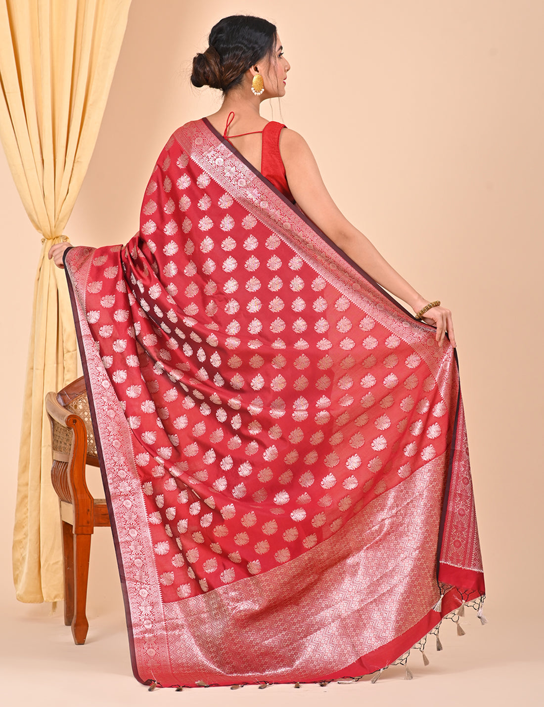 Red Floral Design Banarasi Saree Suitable for Office Wear