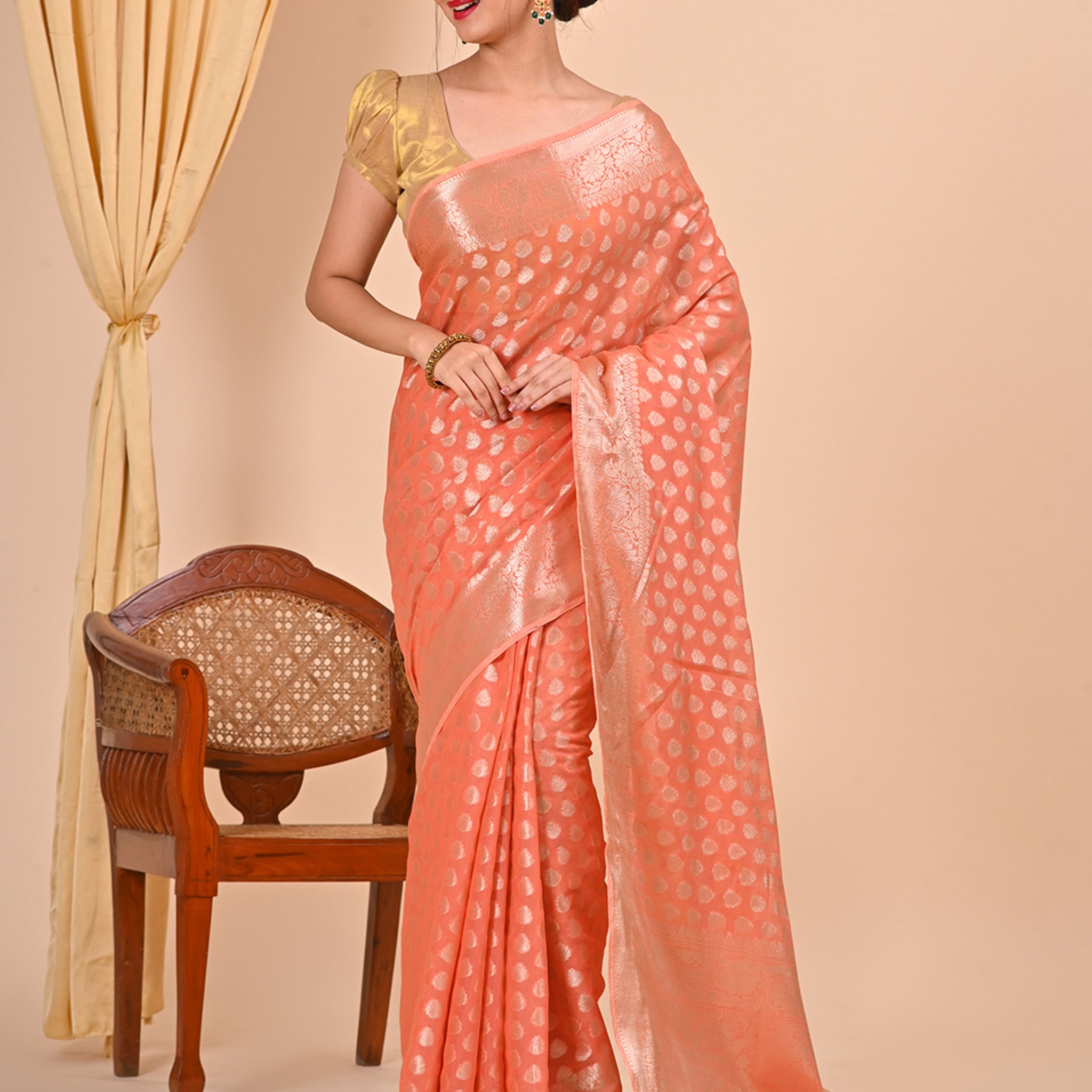 Peach Office Wear Banarasi Saree with Floral Design