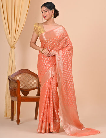 Peach Office Wear Banarasi Saree with Floral Design