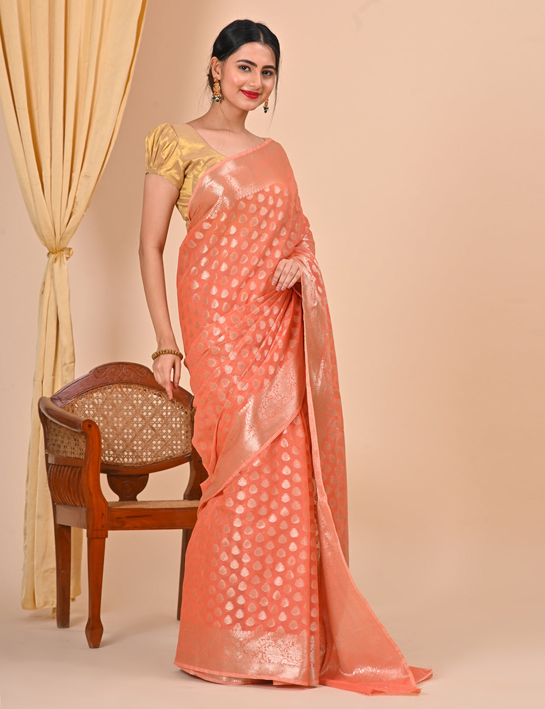 Peach Office Wear Banarasi Saree with Floral Design