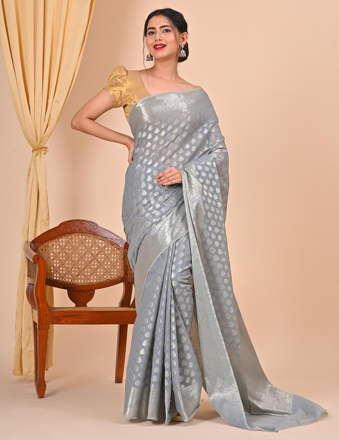 Grey Floral Design Banarasi Saree Suitable for Office Wear