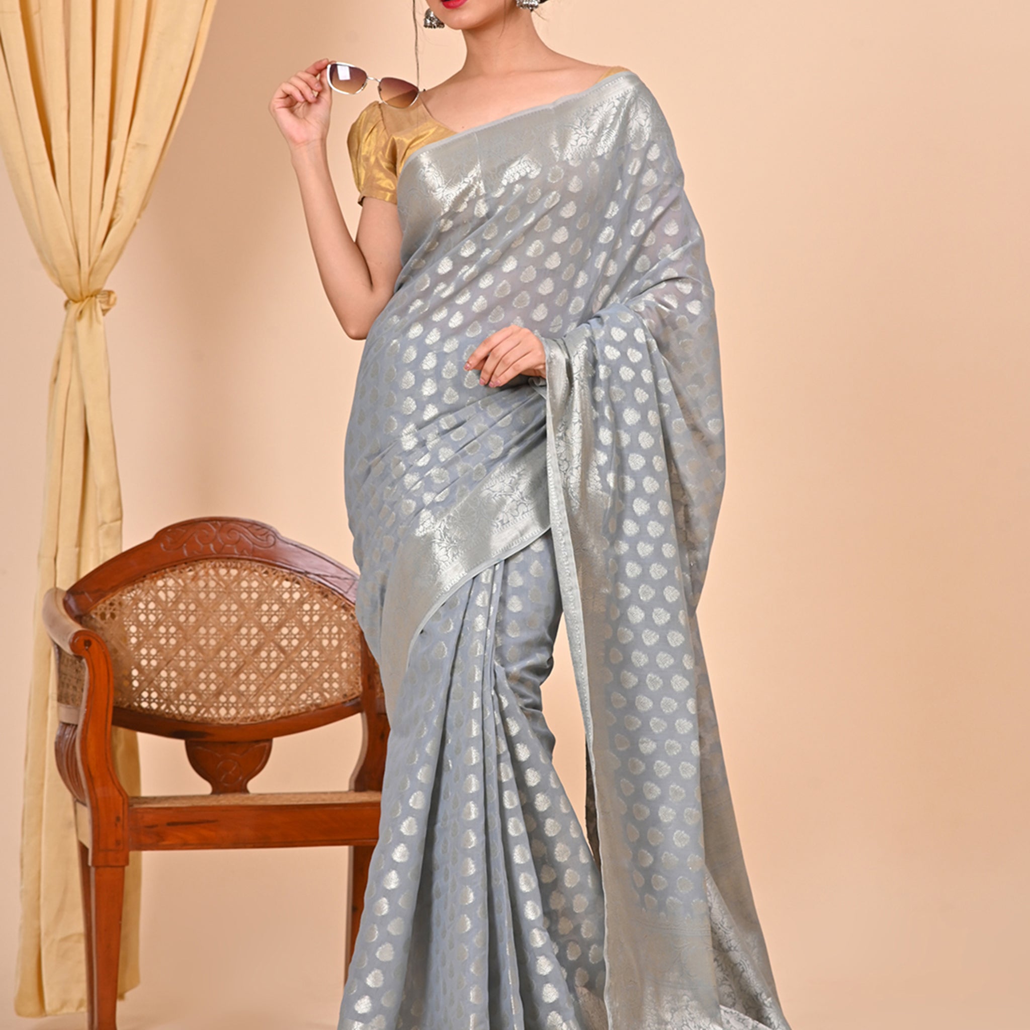Grey Floral Design Banarasi Saree Suitable for Office Wear