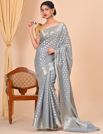 Grey Floral Design Banarasi Saree Suitable for Office Wear