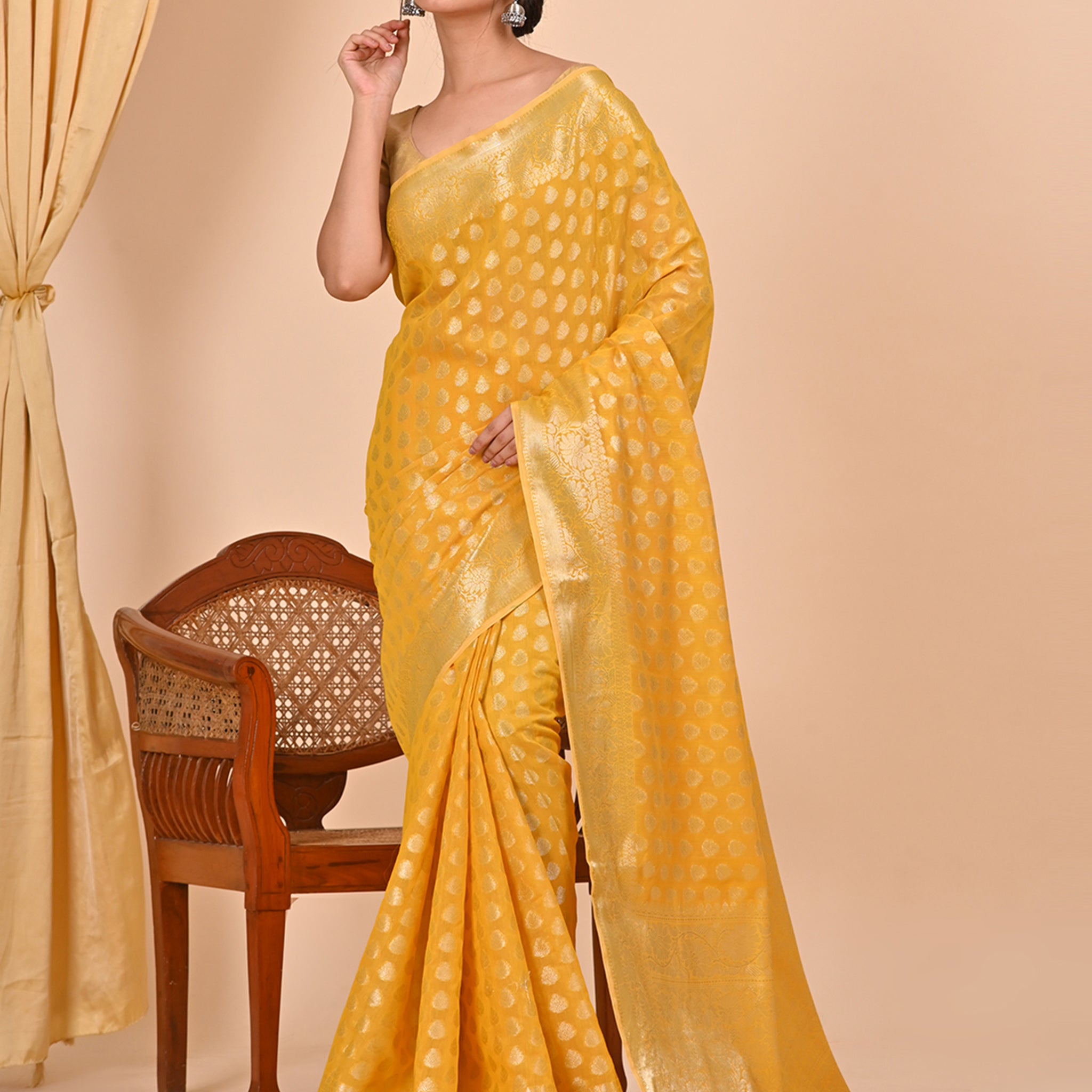 Yellow Floral Design Office Wear Banarasi Saree
