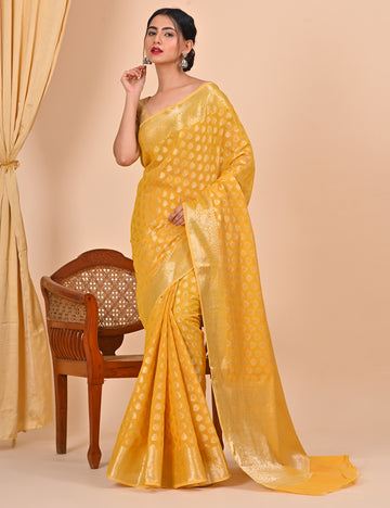 Yellow Floral Design Office Wear Banarasi Saree