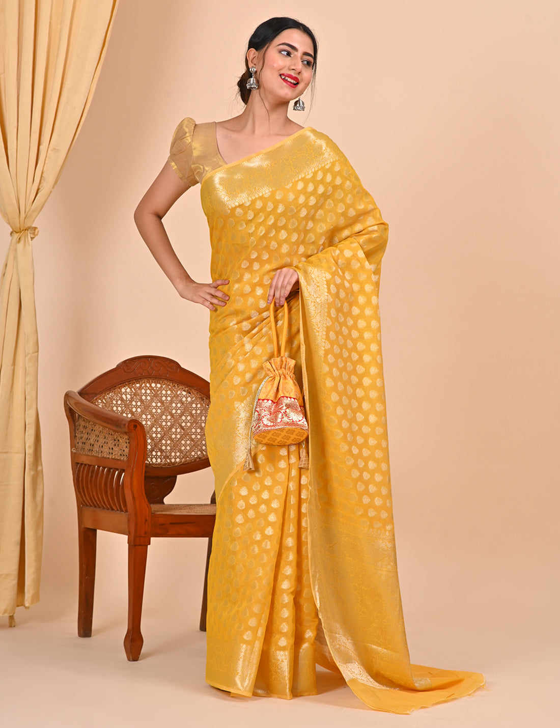 Yellow Floral Design Office Wear Banarasi Saree