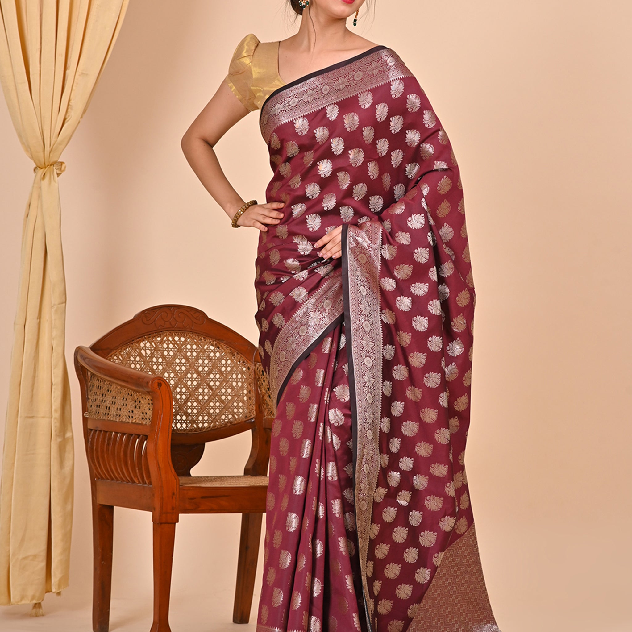 Brown Banarasi Saree with Handcrafted Tassels, Suitable for Office Wear