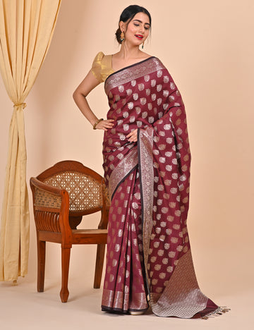 Brown Banarasi Saree with Handcrafted Tassels, Suitable for Office Wear