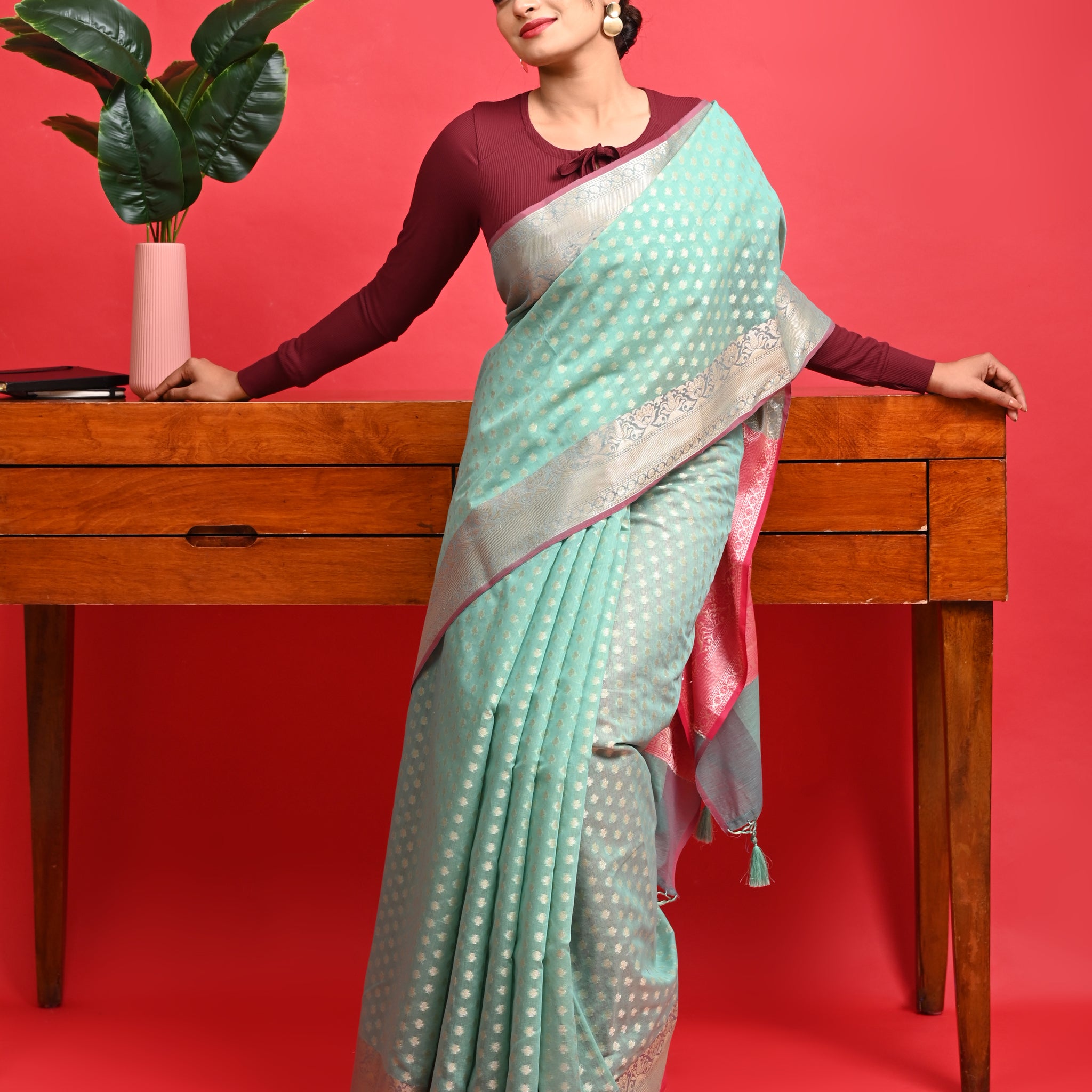Green & Pink Office Wear Banarasi Saree with Contrast Border