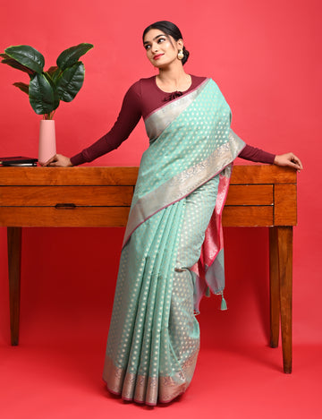 Green & Pink Office Wear Banarasi Saree with Contrast Border