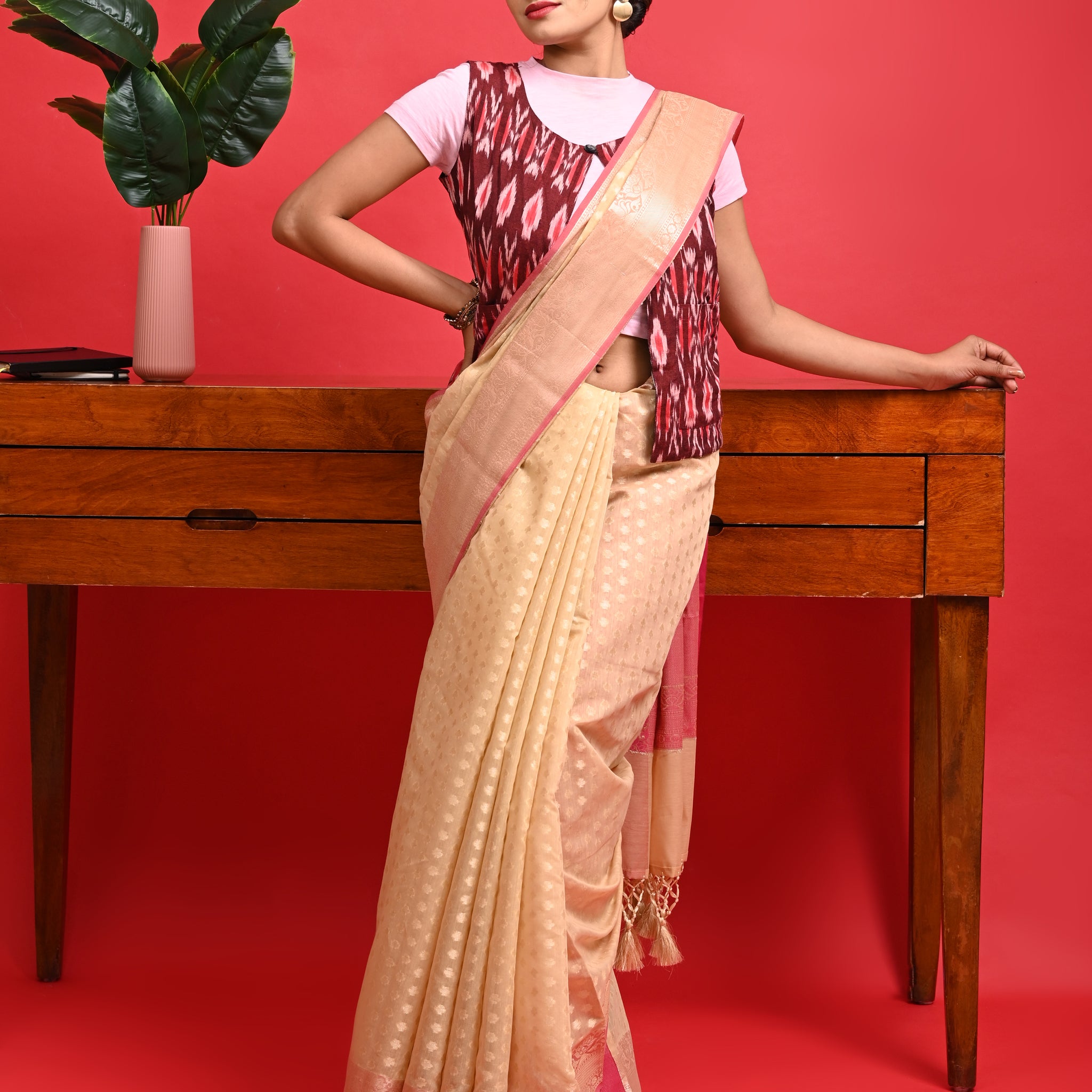 Beige Office Wear Banarasi Saree with Contrast Border