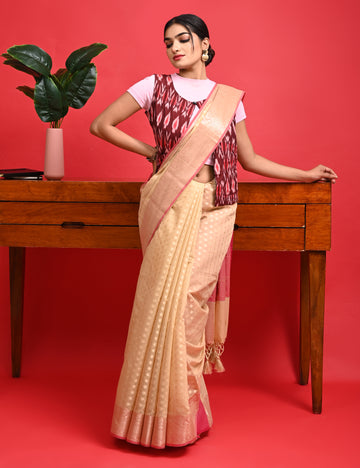 Beige Office Wear Banarasi Saree with Contrast Border