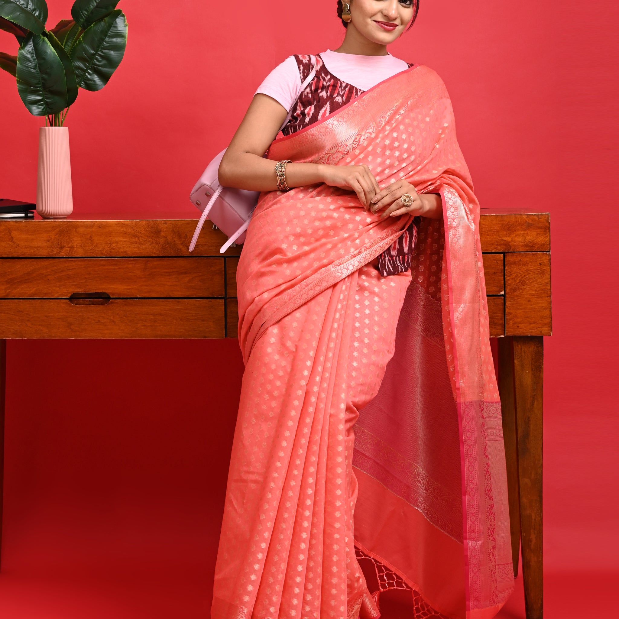 Peach Office Wear Banarasi Saree with Contrast Border