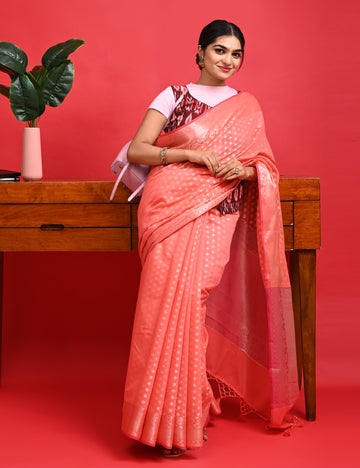Peach Office Wear Banarasi Saree with Contrast Border