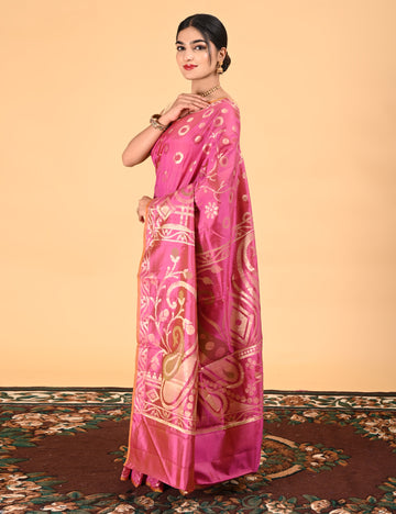 Pure Silk Pink Banarasi Saree Suitable for Wedding Wear