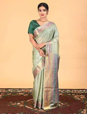 Pure Silk Green Banarasi Saree Suitable for Wedding Wear