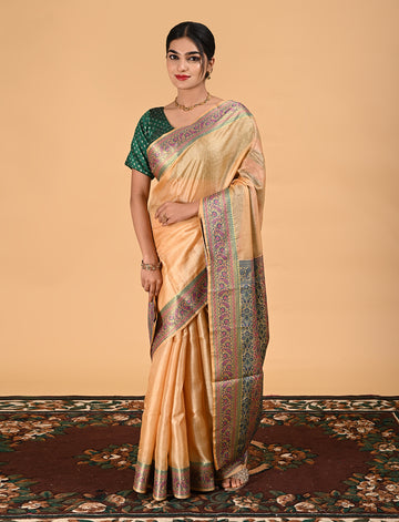 Pure Silk Beige Banarasi Saree Suitable for Wedding Wear