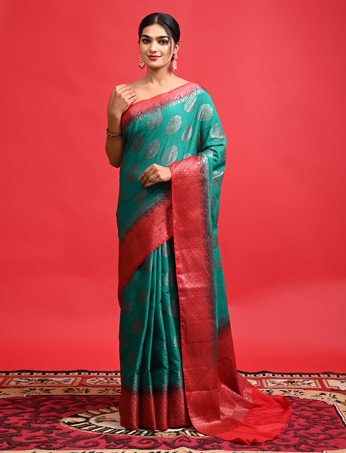 Green & Red Beautiful Wedding Wear Banarasi Saree with Contrast Border