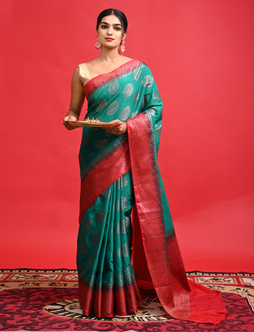 Green & Red Beautiful Wedding Wear Banarasi Saree with Contrast Border