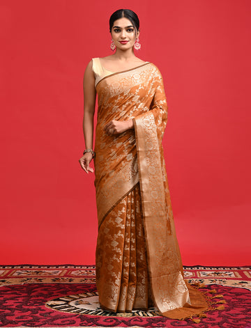 Golden Banarasi Saree with Floral Design and Tassels for Wedding Wear