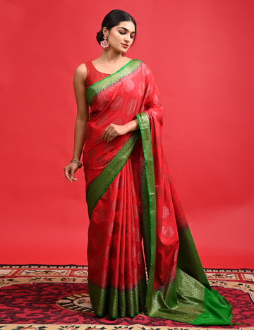 Red Beautiful Banarasi Saree with Floral Design and Contrast Border suitable for Wedding Wear