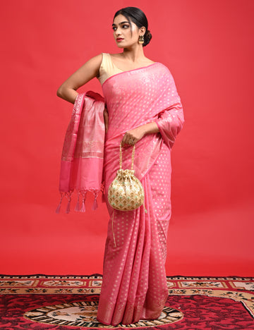 Pink Banarasi Saree with Floral Design and Tassels for Wedding Wear