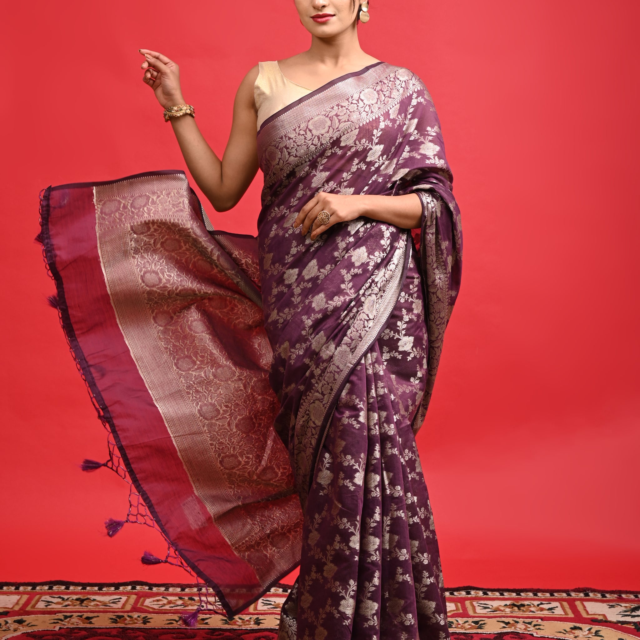 Purple Banarasi Saree with Floral Design and Tassels suitable for Wedding Wear