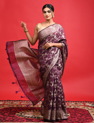 Purple Banarasi Saree with Floral Design and Tassels suitable for Wedding Wear