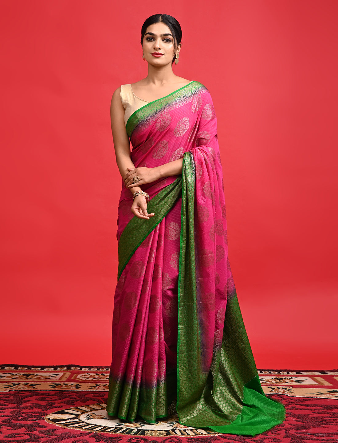 Pink Beautiful Banarasi Saree with Floral Design and Contrast Border suitable for Wedding Wear