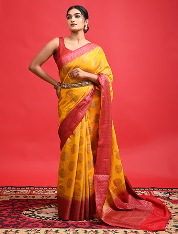 Yellow Beautiful Banarasi Saree with Floral Design and Contrast Border for Wedding Wear